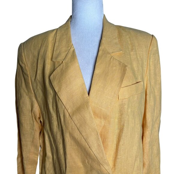 Vintage 90s Double Breasted Blazer Jacket Size 12 Yellow Linen Shoulder Pads - Picture 2 of 6